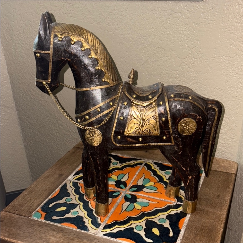 Decorative Vintage Wooden Horse with Brass Accents